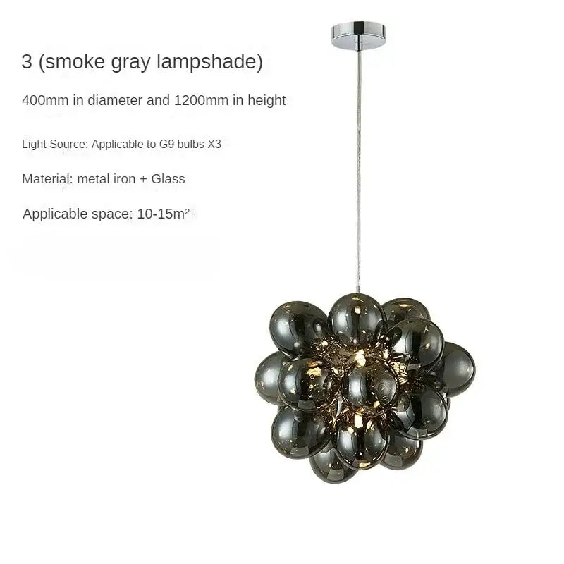 Modern black crystal grape chandelier featuring smoked gray glass orbs and chrome metal rod by decorbites crystal grape