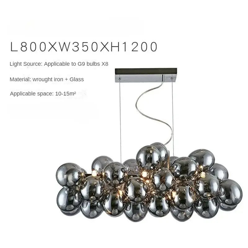Modern black crystal grape chandelier featuring chrome-finished wrought iron and dark gray glass bulbs by decorbites crystal