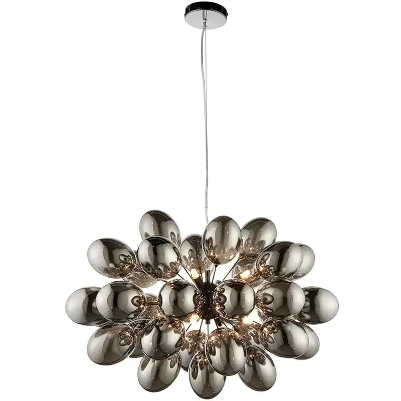 Modern black crystal grape chandelier featuring a chrome finish with reflective spherical glass globes decorbites crystal grape
