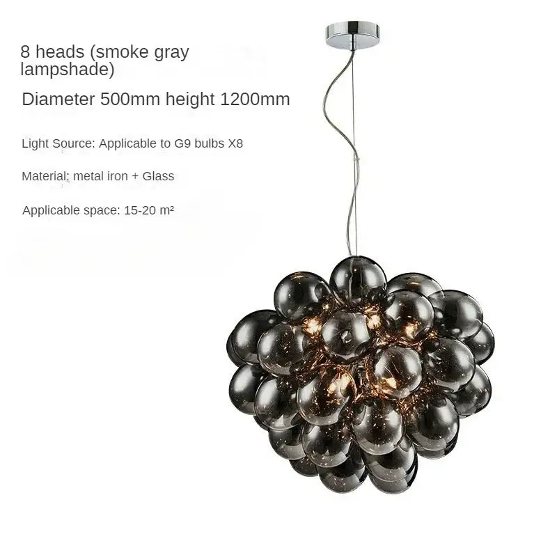 Modern black crystal grape chandelier featuring eight smoke gray glass lampshades by decorbites crystal grape