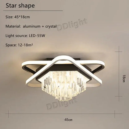 Modern black crystal industrial pendant chandelier set featuring a star-shaped aluminum frame and cascading crystals