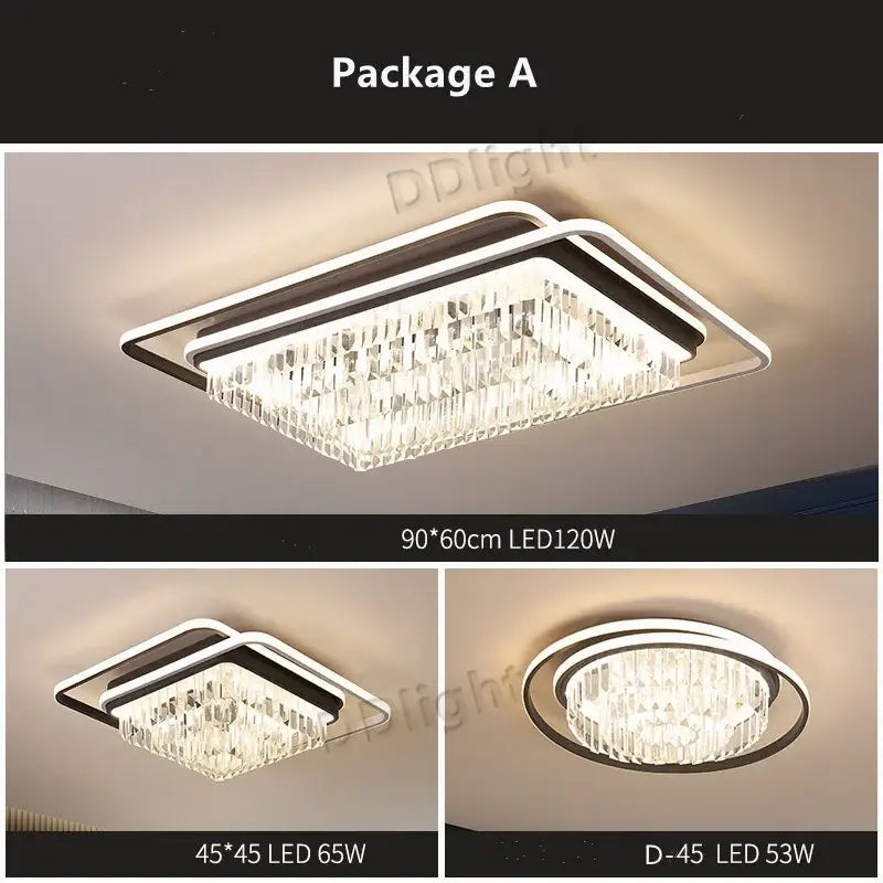 Modern black crystal industrial pendant chandelier set with rectangular led ceiling light and cascading crystal prisms in chrome frame