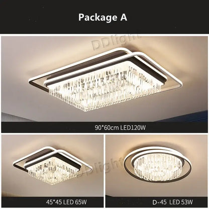 Modern black crystal industrial pendant chandelier set with rectangular led ceiling light and cascading crystal prisms in chrome frame