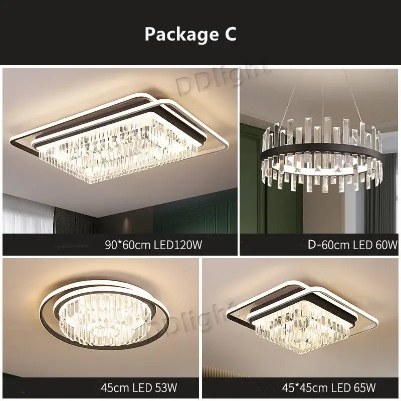 Modern black crystal industrial pendant chandelier set with sleek metal frames and illuminated led lighting for living room decorbites