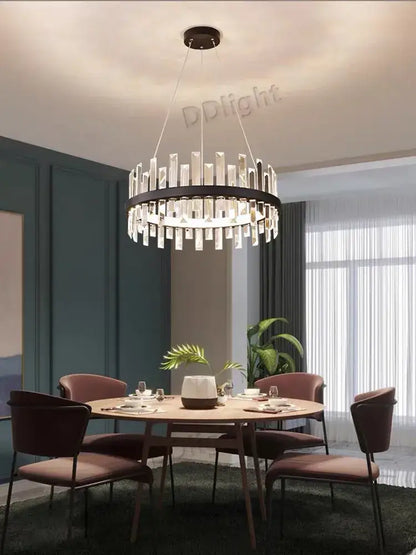 Modern black crystal industrial pendant chandelier set with clear crystal rods for living room decorbites lighting