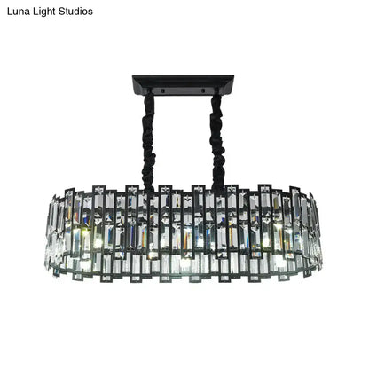 Modern black crystal island pendant light with cascading clear crystal prisms for dining room illumination