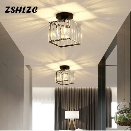 Modern black crystal led ceiling light featuring a clear crystal cube with black metal frame and mounting base decorbites ceiling light