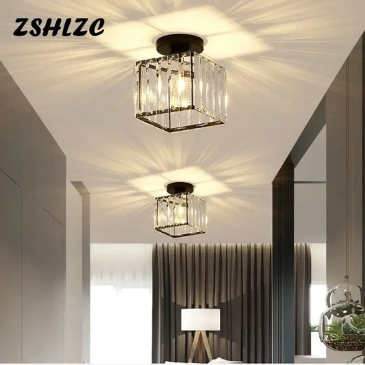 Modern black crystal led ceiling light featuring a clear crystal cube with black metal frame and mounting base decorbites ceiling light