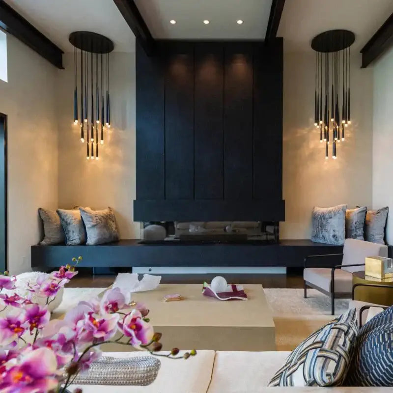 Modern black crystal led chandelier dining room pendant light with sleek black minimalist fireplace decorbites crystal led