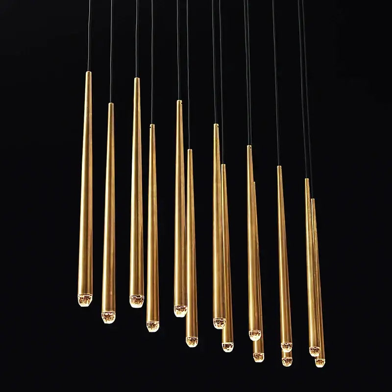 Modern black crystal led chandelier with slender gold-toned pendant lights and amber-tinted glass shades for decorbites crystal led decor