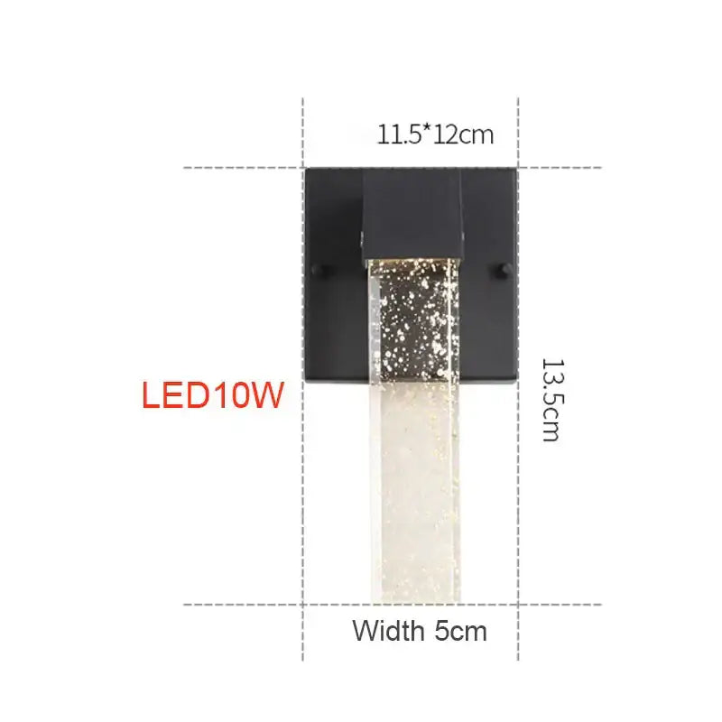 Modern black wall light with crystal led outdoor sconce featuring a clear glass cylinder filled with sparkling particles