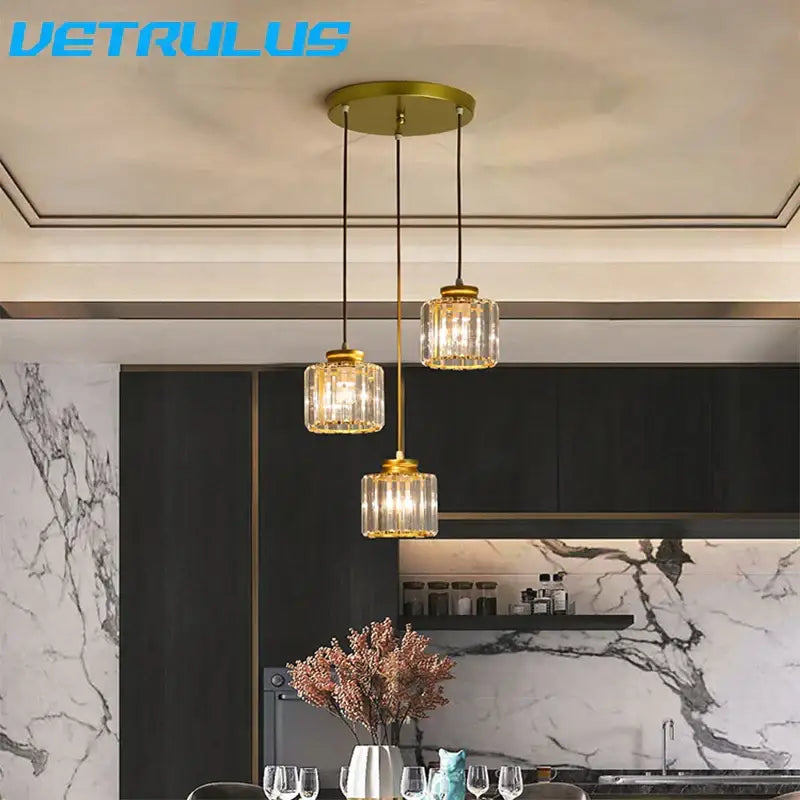 Gold-toned decorbites crystal led pendant lights with faceted glass shades in modern black crystal led pendant chandelier