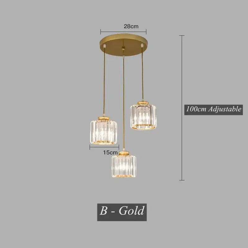 Modern black crystal led pendant chandelier featuring gold-finished three-light design with clear ribbed glass shades