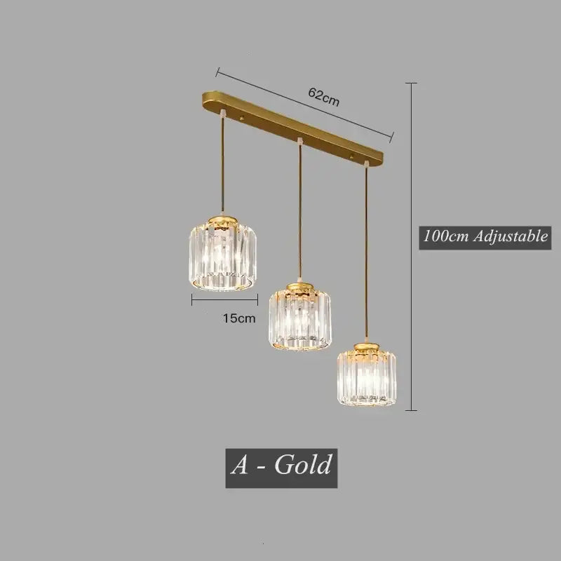 Gold-toned three-light led pendant chandelier with crystal glass shades for dining room decorbites crystal led fixture