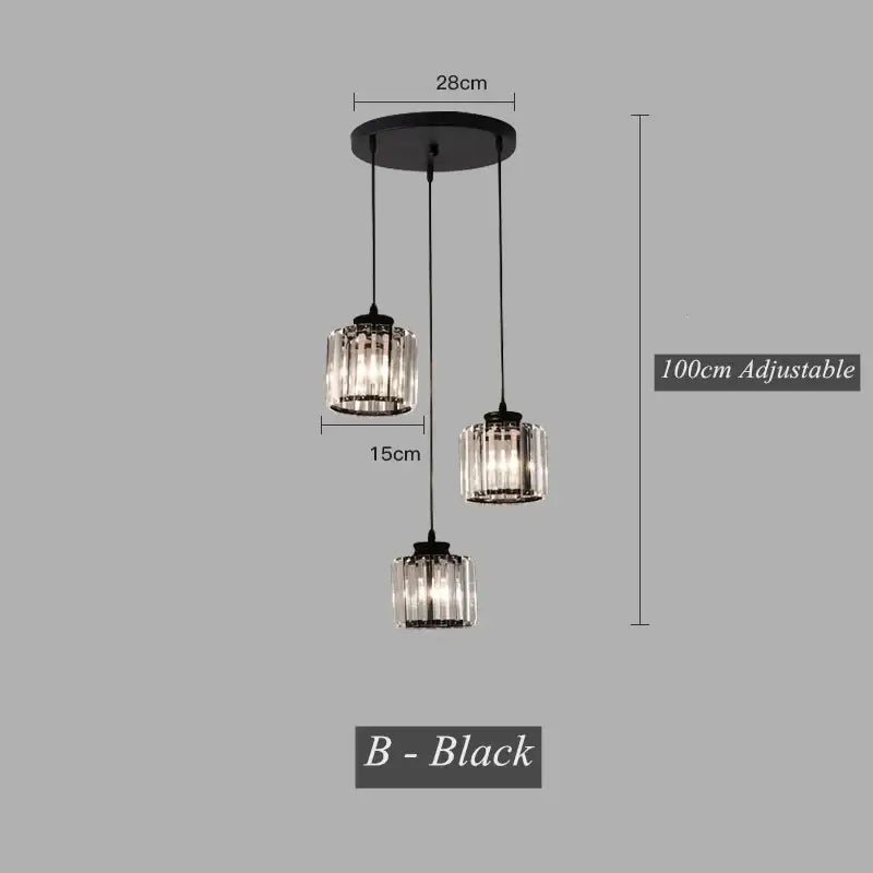 Modern black crystal led pendant chandelier with three cylindrical glass shades for dining room decorbites crystal led