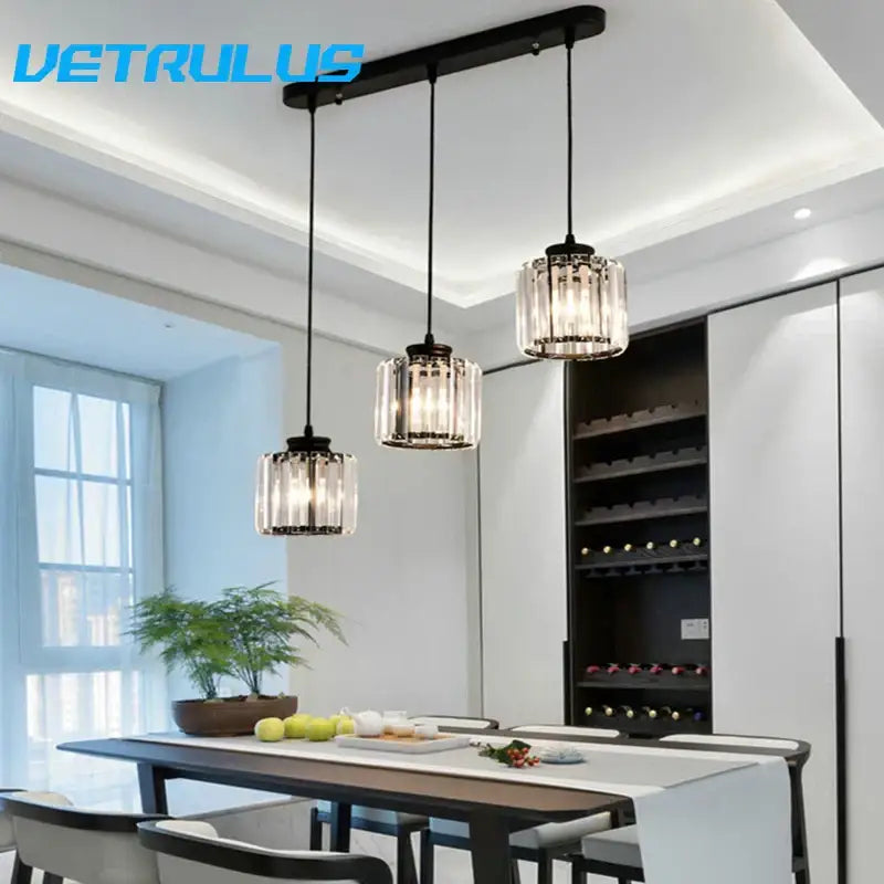 Modern black decorbites crystal led pendant chandelier with cylindrical glass shades for dining room lighting decor