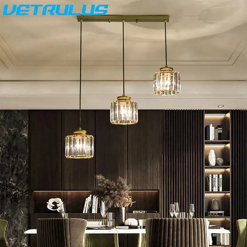 Modern black crystal led pendant chandelier featuring three brass-finished decorbites crystal led glass shades