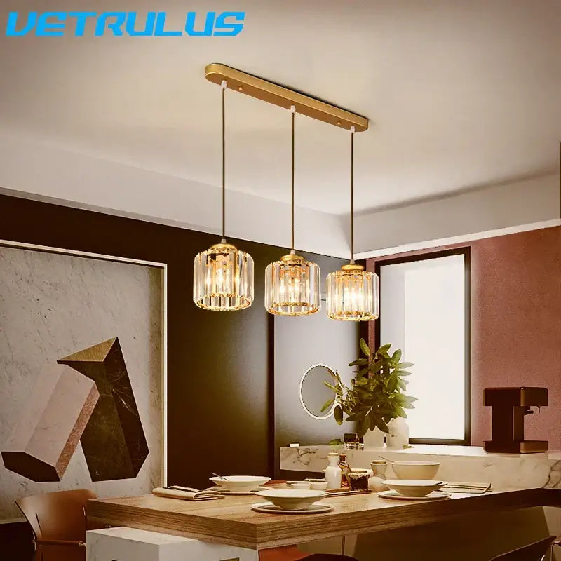 Vetrulus modern black crystal led pendant chandelier with three cylindrical glass shades and gold-toned bar for dining room decorbites crystal led
