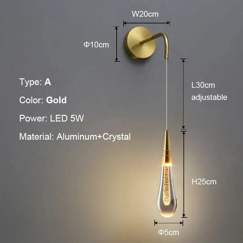 Gold teardrop wall lamp with sleek aluminum and crystal led fixture by decorbites for modern bedroom decorbites crystal led