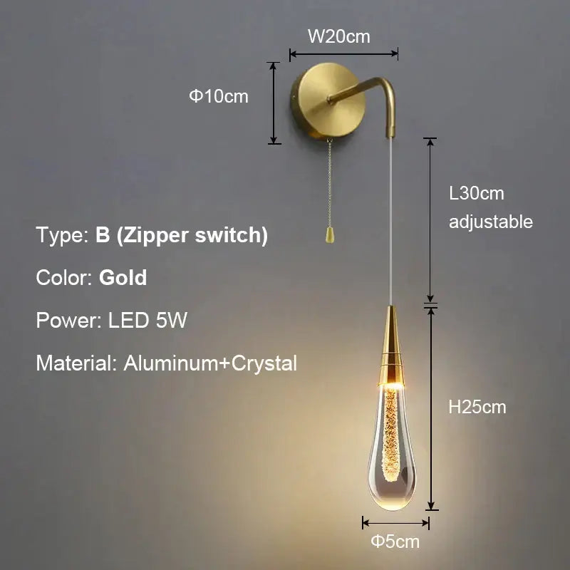 Modern black crystal led wall lamp with gold-toned aluminum fixture and teardrop-shaped decorbites crystal led shade
