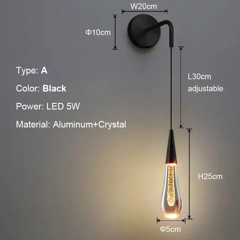 Modern black crystal led wall lamp with teardrop-shaped crystal bulb and aluminum mounting bracket for bedroom decorbites crystal led