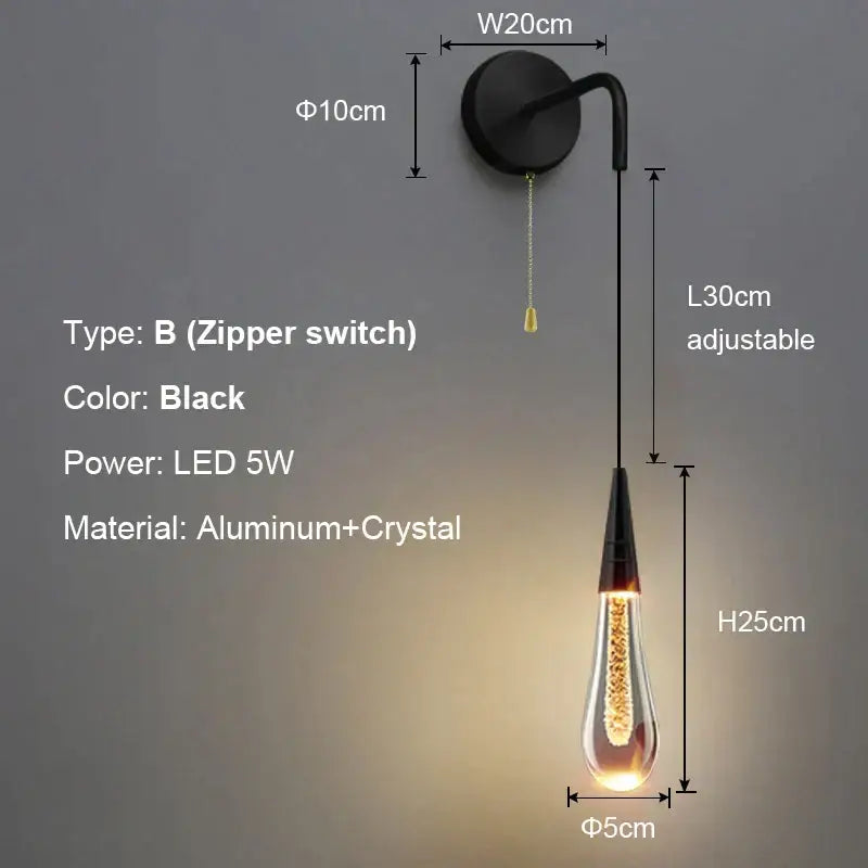 Modern black crystal led wall lamp with teardrop glass body filled with crystals and aluminum mount for bedroom decorbites crystal led