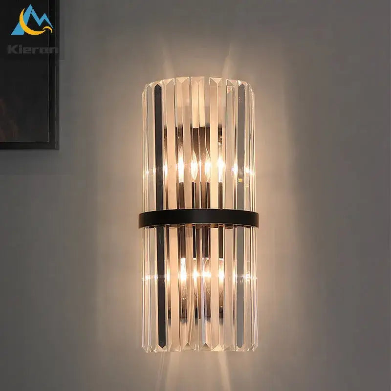 Modern black crystal led wall light with clear crystal glass prismatic rods and matte black metal band for bedroom decorbites crystal led