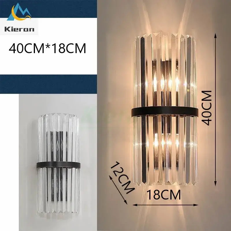 Modern black crystal led wall lights featuring clear glass sconce with black metal accents and vertical striped design