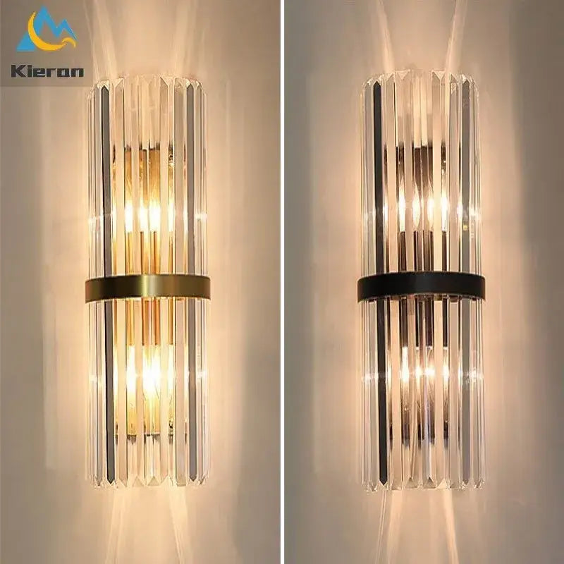 Modern black crystal led wall lights featuring vertical glass rods and a metallic band available in gold or black finish