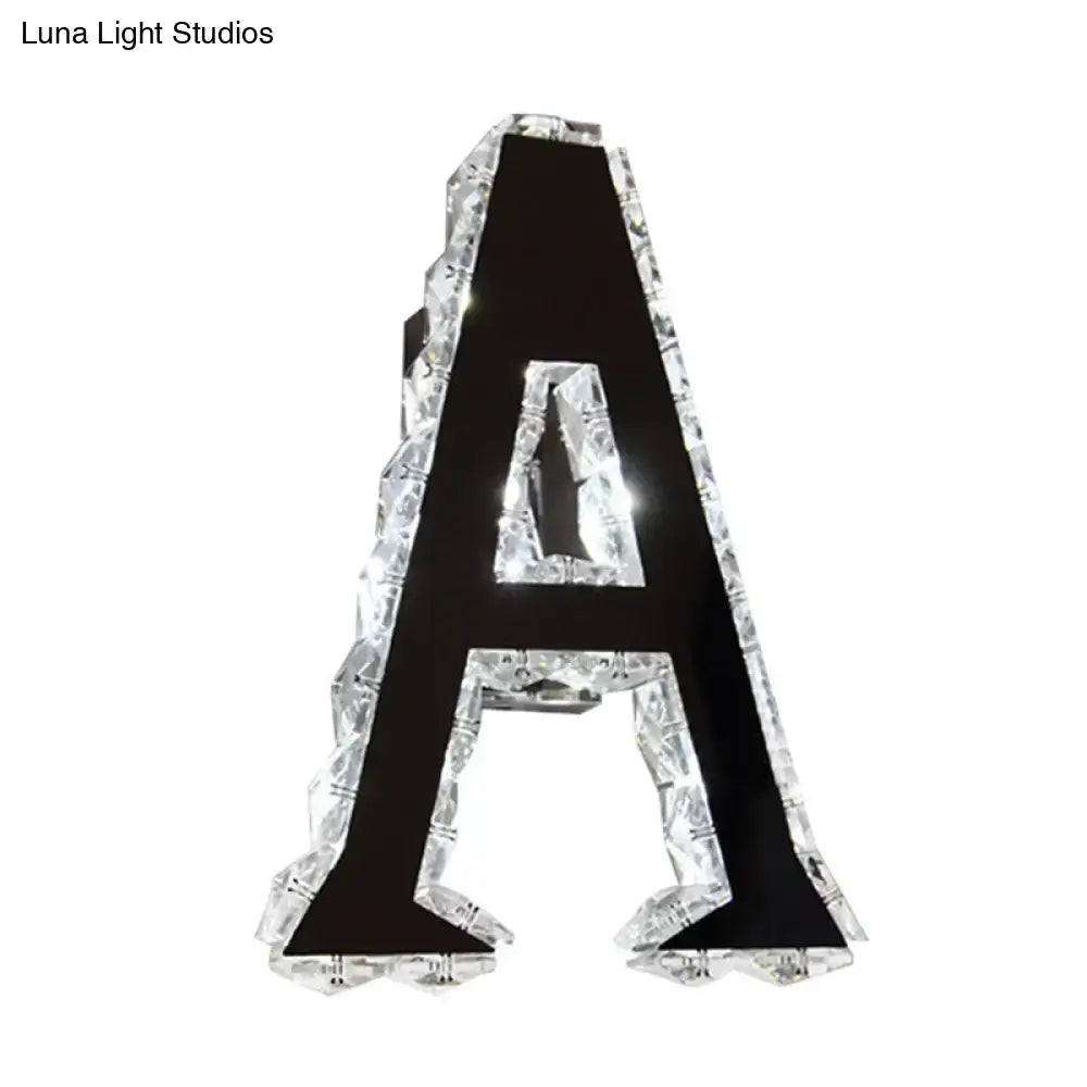 Modern black crystal letter a wall sconce with clear crystal beads edges featuring white warm natural light 110v-120v maximum bulb wattage