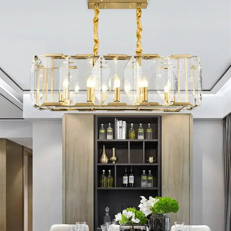 Modern gold-toned rectangular crystal pendant chandelier with twisted brass chains for decorbites black crystal lighting