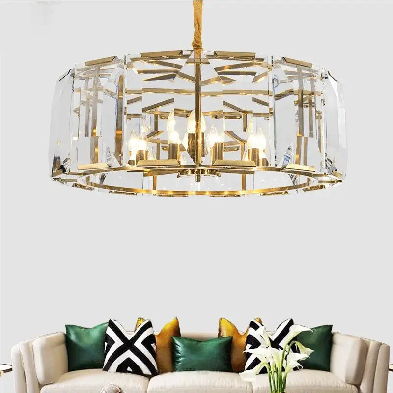 Gold-toned decorbites black crystal pendant chandelier with clear crystal panels and geometric metal framework for dining room luxe lighting