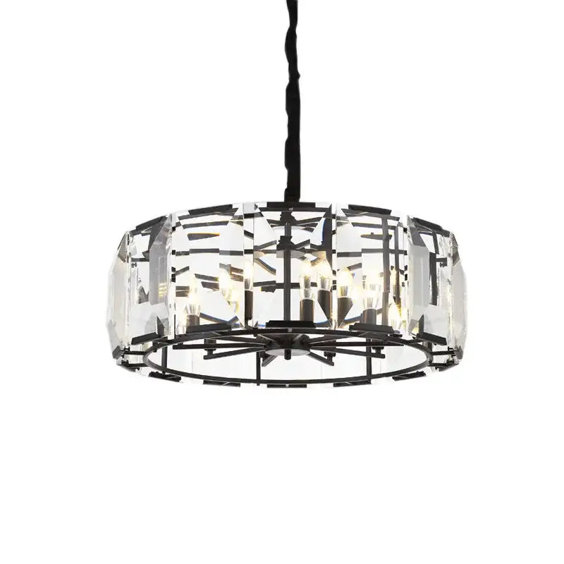 Modern black crystal pendant chandelier with clear faceted crystal panels in a circular design for luxe dining room decorbites black crystal
