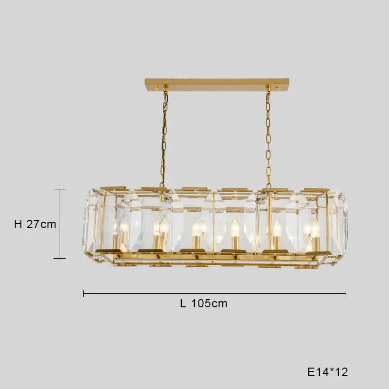 Modern black crystal pendant chandelier with gold-toned rectangular frame, faceted crystal panels, and six exposed bulbs