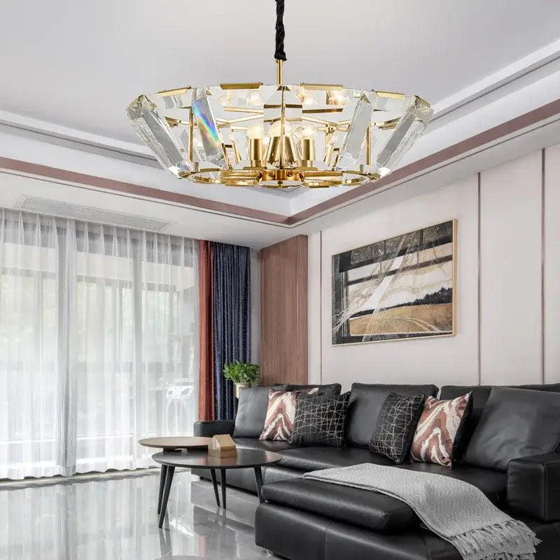 Modern black crystal pendant chandelier with gold-toned frame faceted crystal prisms and black hanging cord for luxe decorbites lighting