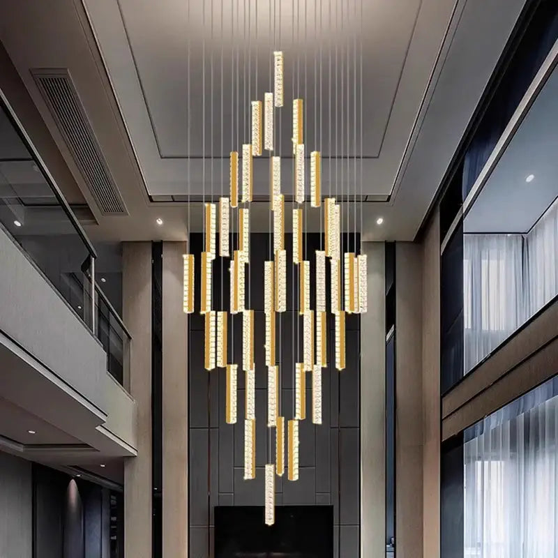 Modern black crystal pendant light with gold-toned vertical rectangular bars for stairwell remote control use