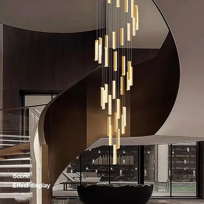 Modern gold-toned cylindrical pendant light with sleek cascading design for stairwell remote control crystal pendant light