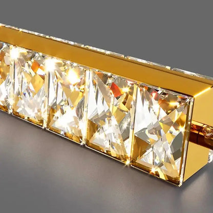 Modern black crystal pendant light with gold-toned rectangular wall sconce and faceted crystal panels for stairwell lighting