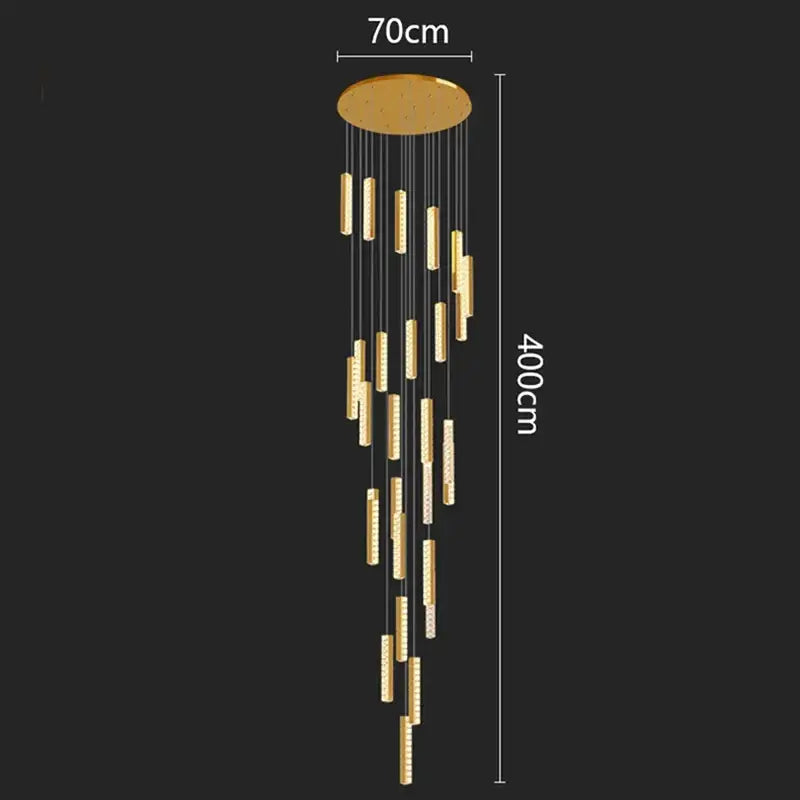 Gold-toned modern pendant light with circular mount and cascading cylindrical crystal pendant light for stairwell lighting