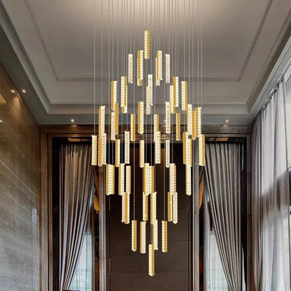 Modern black crystal pendant light with golden vertical rectangular light bars ideal for stairwell illumination