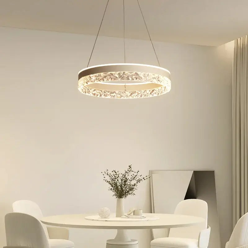 Modern black crystal ring led pendant light with sleek metallic frame and decorbites crystal ring for bedroom lighting