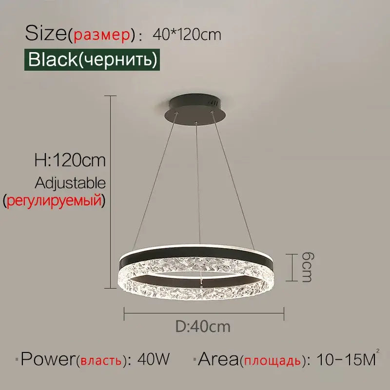 Modern black pendant light featuring a decorbites crystal ring led with textured crystal design and adjustable height