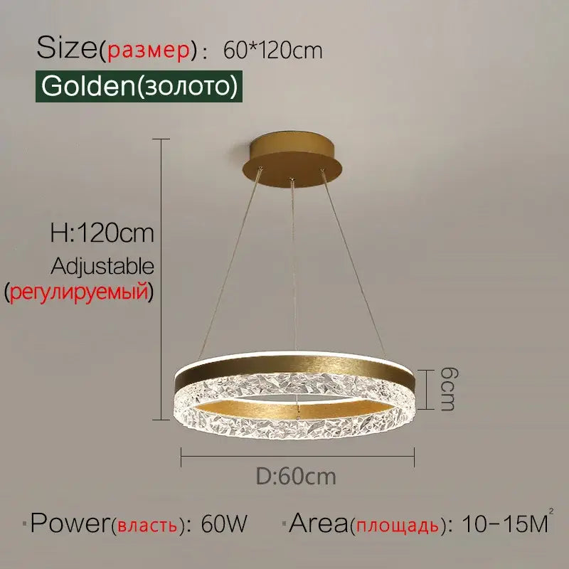 Modern black crystal ring led pendant light with golden circular frame and textured decorbites crystal ring for bedroom lighting