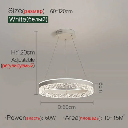 Modern black crystal ring led pendant light featuring a white circular led chandelier with textured decorbites crystal ring design