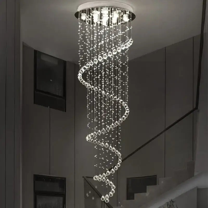 Modern black crystal staircase chandelier with clear crystal beads and circular white ceiling fixture by decorbites crystal