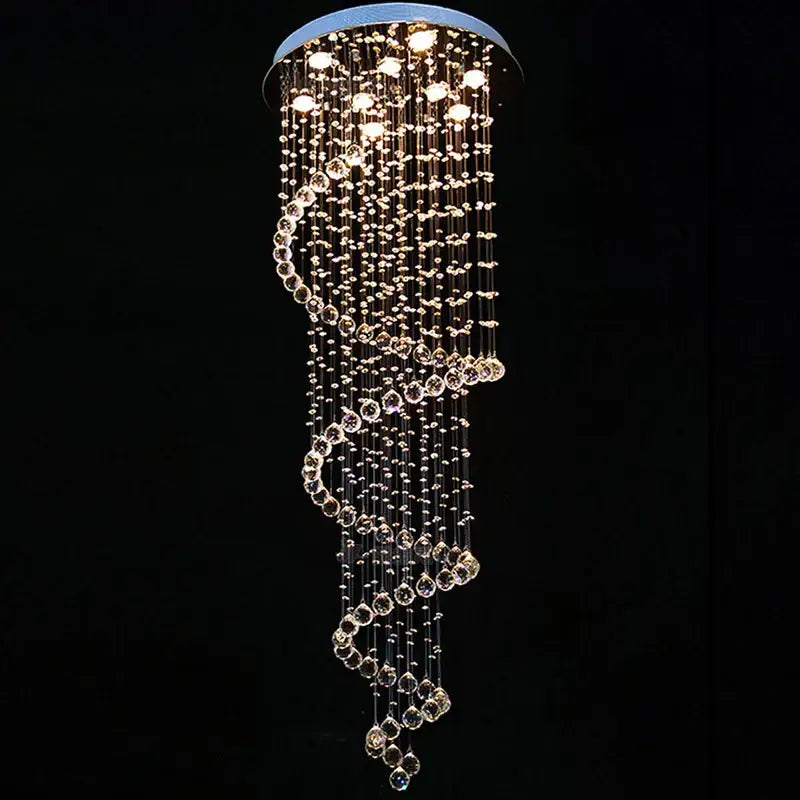Modern black decorbites crystal staircase chandelier with clear faceted beads spiraling from illuminated circular top