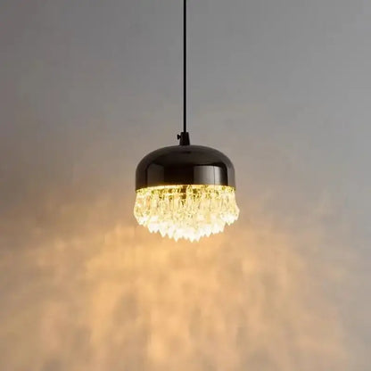 Modern black crystal tassel chandelier with dome pendant light and cascading clear crystal tassels for bedroom use