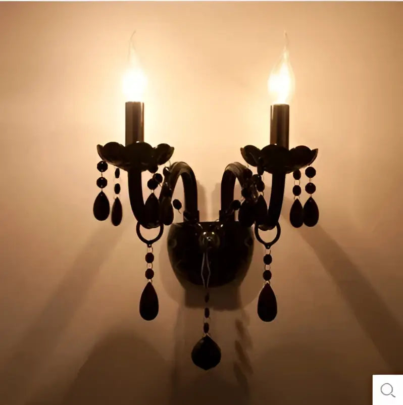 Modern black crystal wall lamp featuring twin led candle bulbs and teardrop glass beads for pendant light decorbites crystal wall use