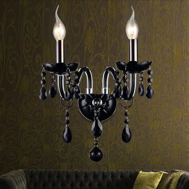 Modern black crystal wall lamp with two candle-style bulbs and teardrop crystals for bedroom pendant light decorbites crystal wall