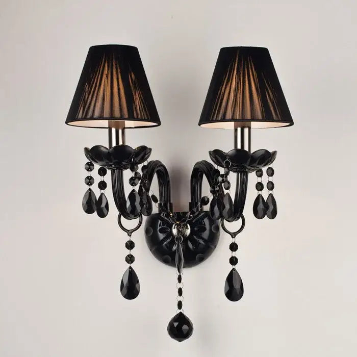 Elegant modern black crystal wall lamp with two lampshades and dangling teardrop beads pendant light decorbites crystal wall